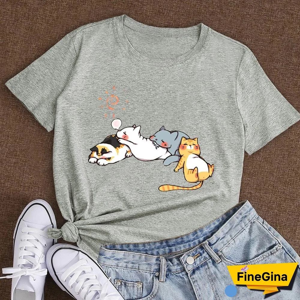 Cotton 100% Women's T Shirt Summer Short Sleeve Nap Cat Print Fashion Kawaii Female Clothes Casual O-Neck Tshirt Ladies Tee Tops