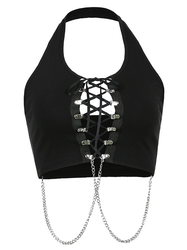 Goth Lace Up Chain-trimmed Halter Black Crop Top