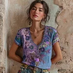 Women's Bohemian Floral Embroidery Art V-neck Contrast Color Linen Blend T-shirt - Image 5