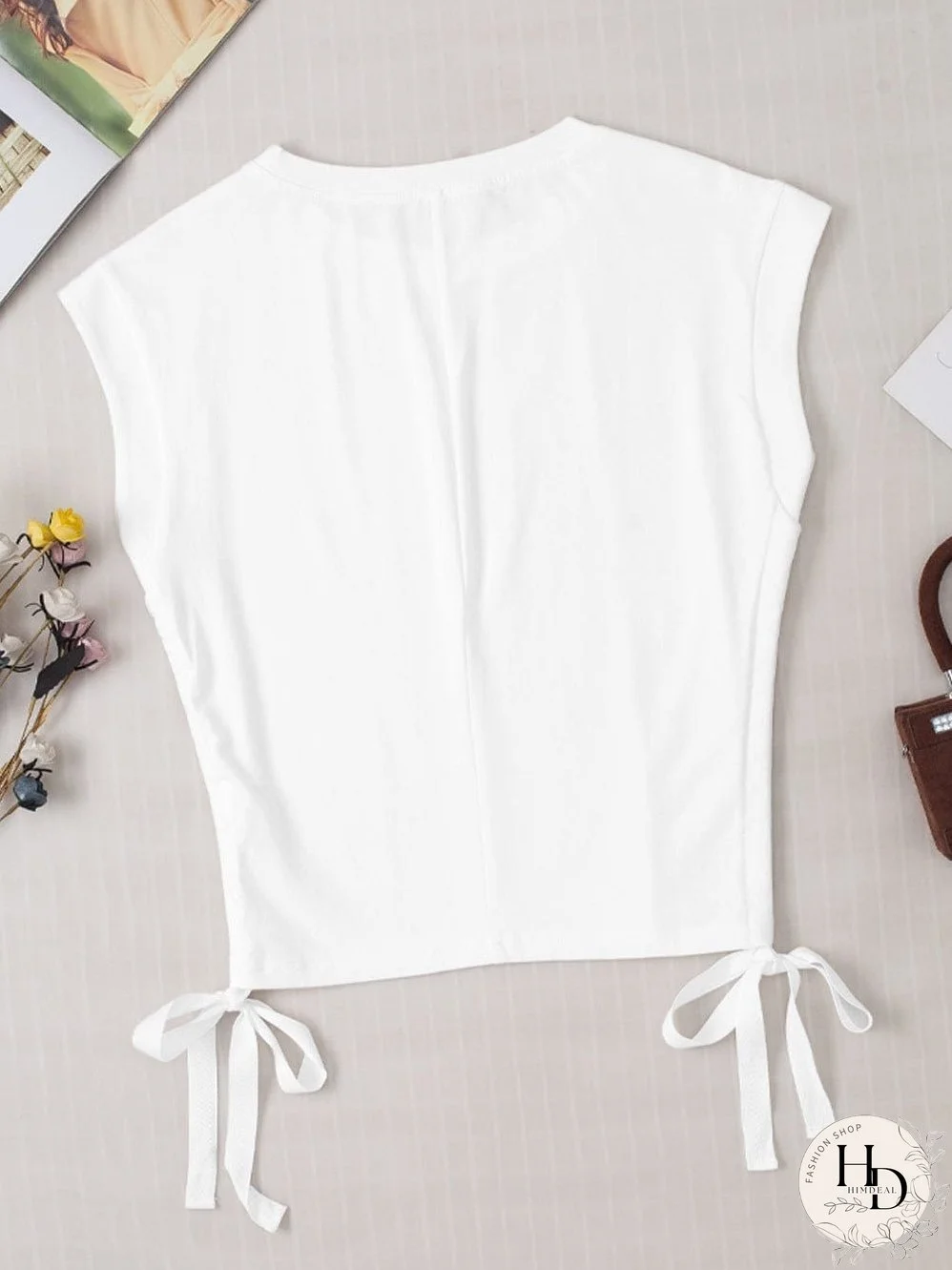 White Drawstring Side Short Sleeve Crew Neck Tee