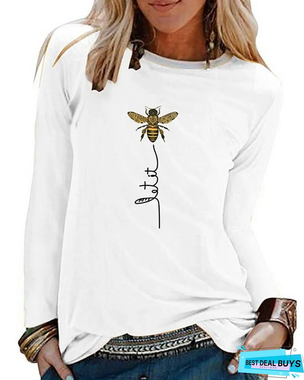 Women's T-shirt Graphic Prints Long Sleeve Round Neck Tops Cotton Basic Top White Black Blue