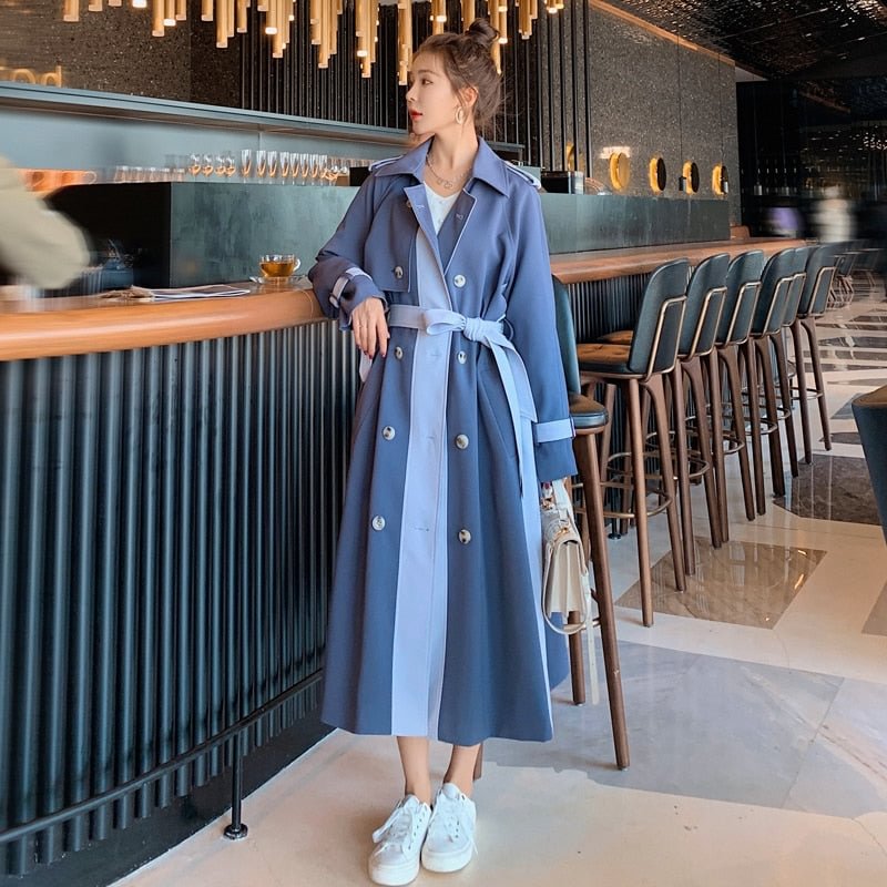 Brand New Fashion Patchwork Trench Coat Women Long Double Breasted with Belt Lady Windbreaker Duster Coat Female Outerwear Cloth