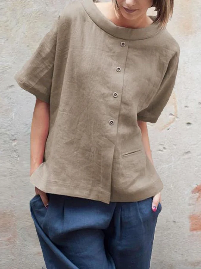 Round Neck Solid Color Cotton And Linen T-Shirt