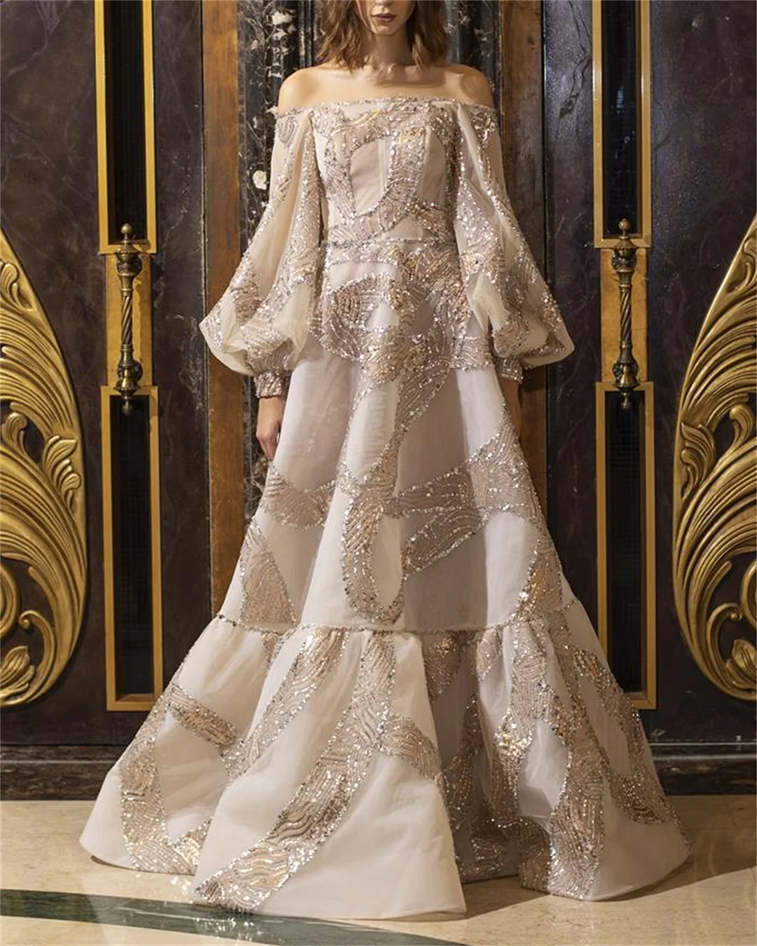 Women's Off Shoulder Long Sleeve Sequined Dress