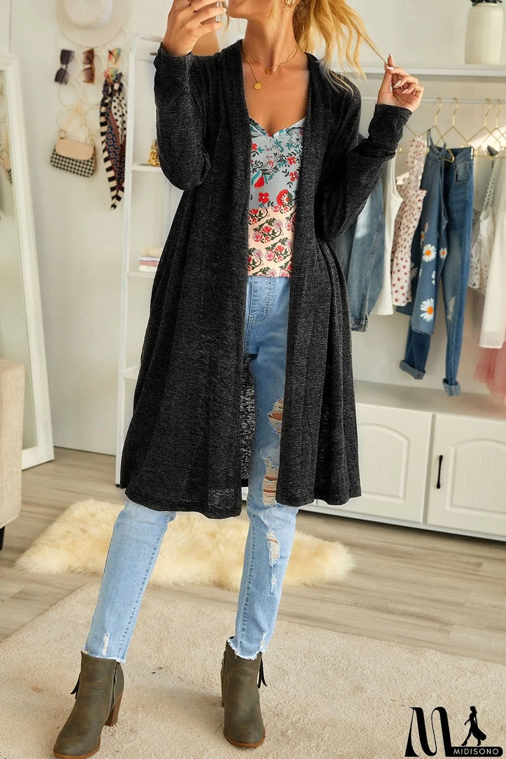 MidiSono - Slouchy Pocketed Knit Longline Cardigan