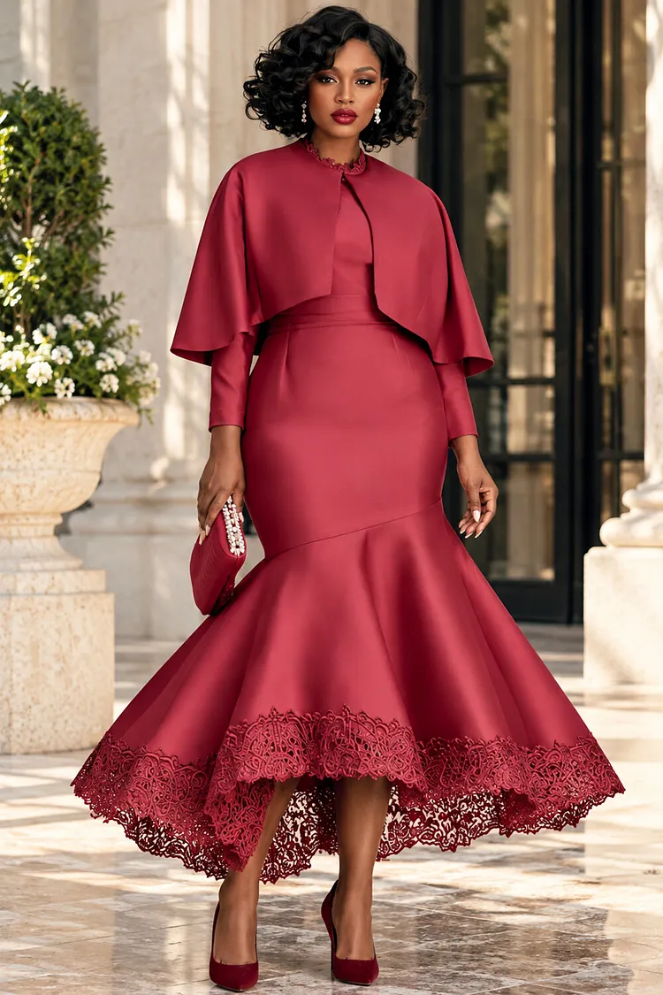 Xpluswear Design Plus Size Formal Rose Round Neck Cape Sleeve Long Sleeve Bodycon Mermaid Satin Two Piece Dress Set [Pre-Order] 2024 - Xpluswear