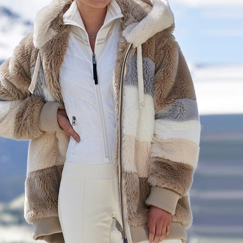 Winter Plush Patchwork Jacket Women Casual Zipper Hooded Thick Warm Coat Retro Long Sleeve Plus Size Faux Fur Female Parka Coat