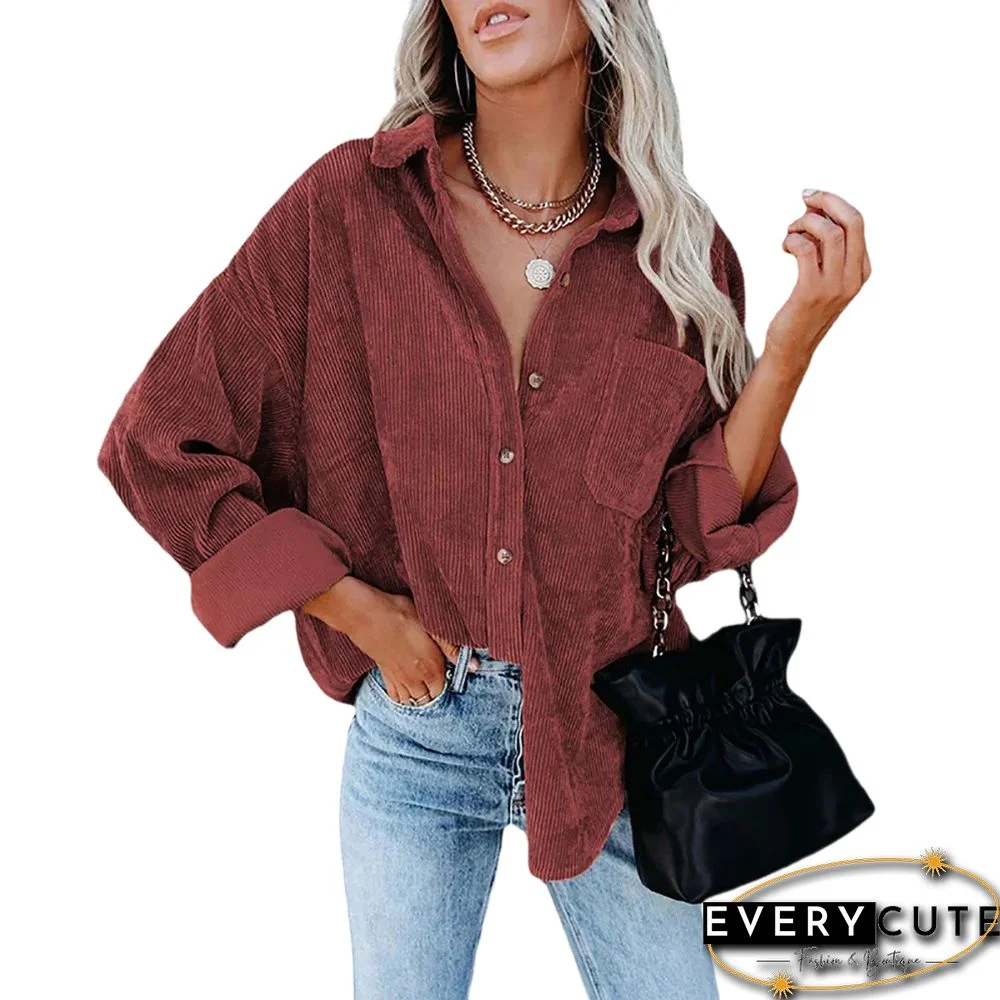 Wine Red Corduroy Button Pocket Oversize Shirt