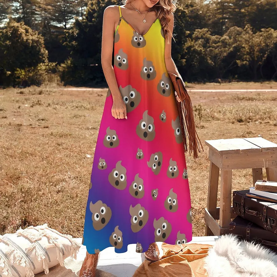 Cute Rainbow Poop Emoji Women's Casual Strappy V Neck Sleeveless Flowy Loose Long Maxi Beach Dress Sundress Rainbow-M