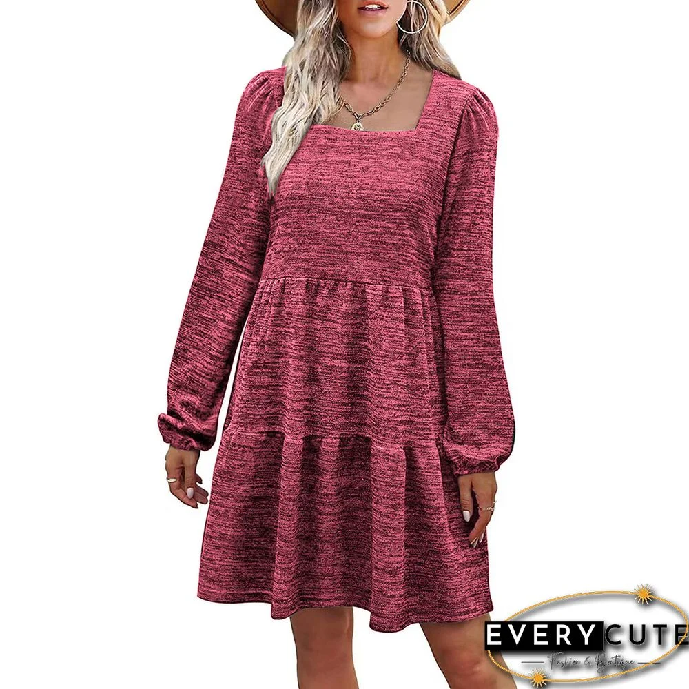 Red Square Neck Long Sleeve Casual Dress