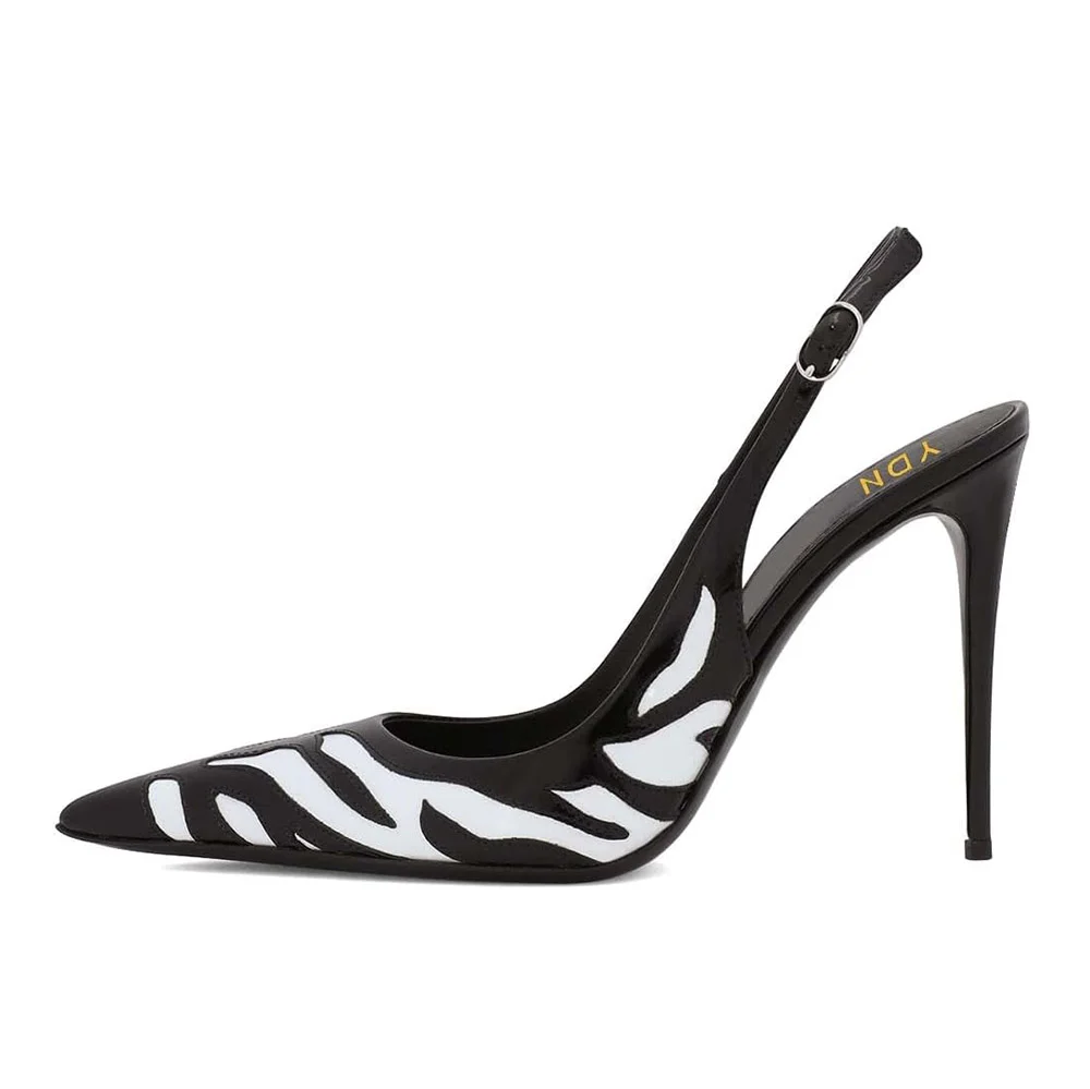 Women's Black & White Patchwork Inlay Pointed Toe Slingback Pumps