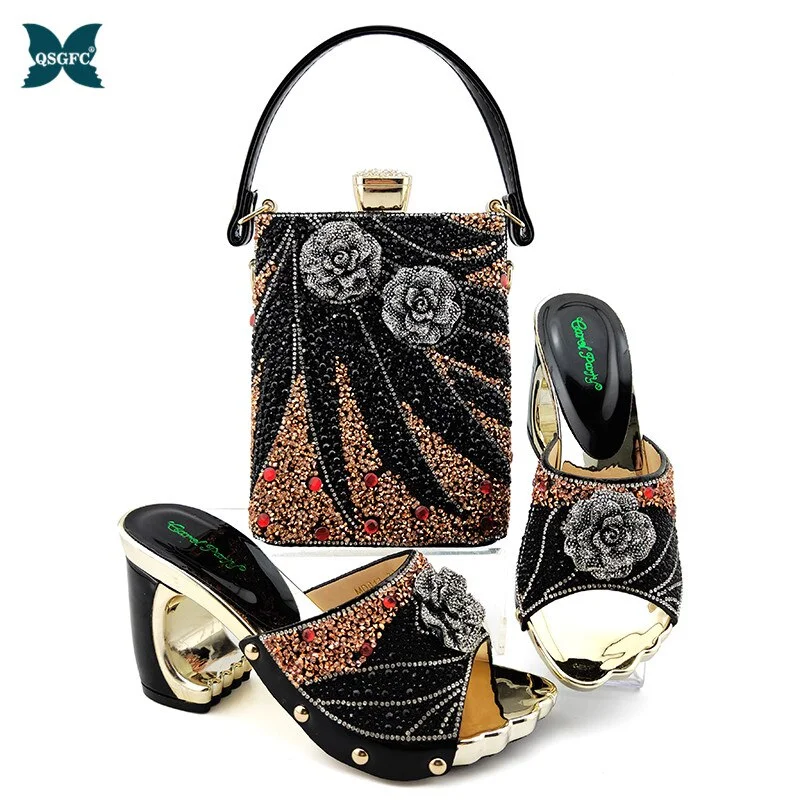 QSGFC Peach Color Italian Elegant Shoes for Women Bag Set for Party and Wedding Cristal High Quality Tile Drill Face Design