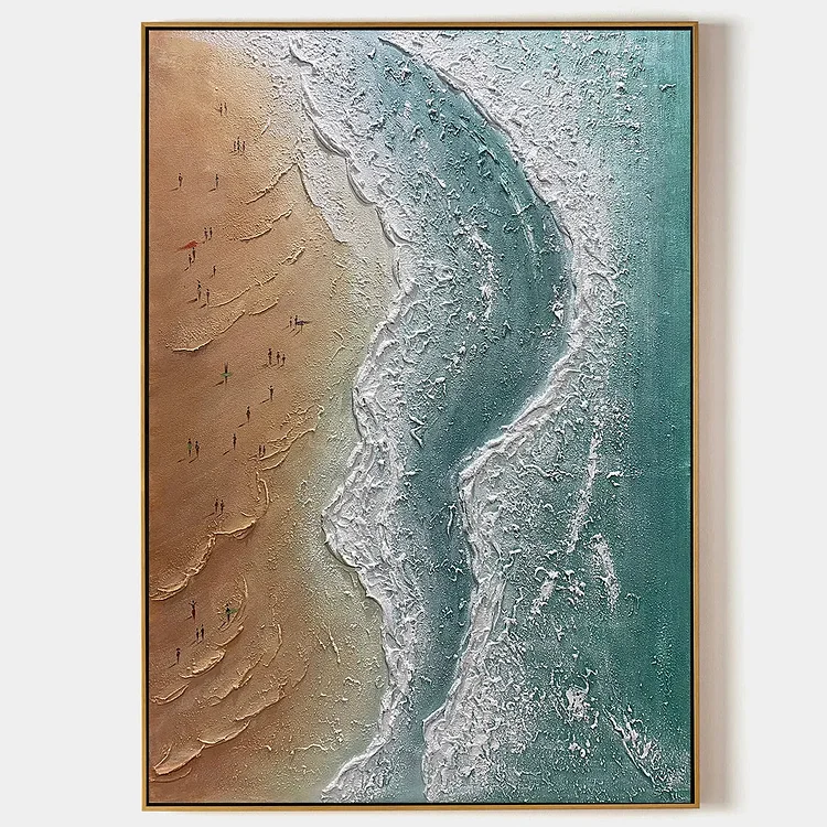 COASTAL SERENITY: Textured Beach Painting, Ocean View, Beige, Blue, Living Room, Bedroom（Canvas painting）