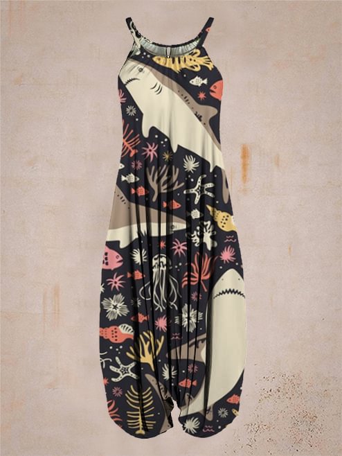 Black shark print jumpsuit