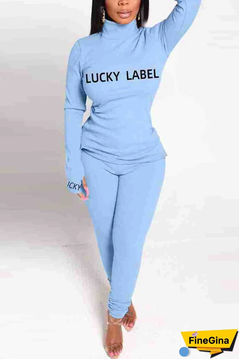 Fashion Casual Letter Print Basic Turtleneck Long Sleeve Two Pieces