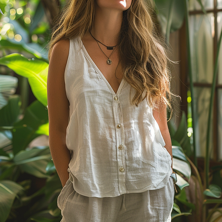Simple V-neck Sleeveless Shirt, Loose, Comfortable And Breathable Top