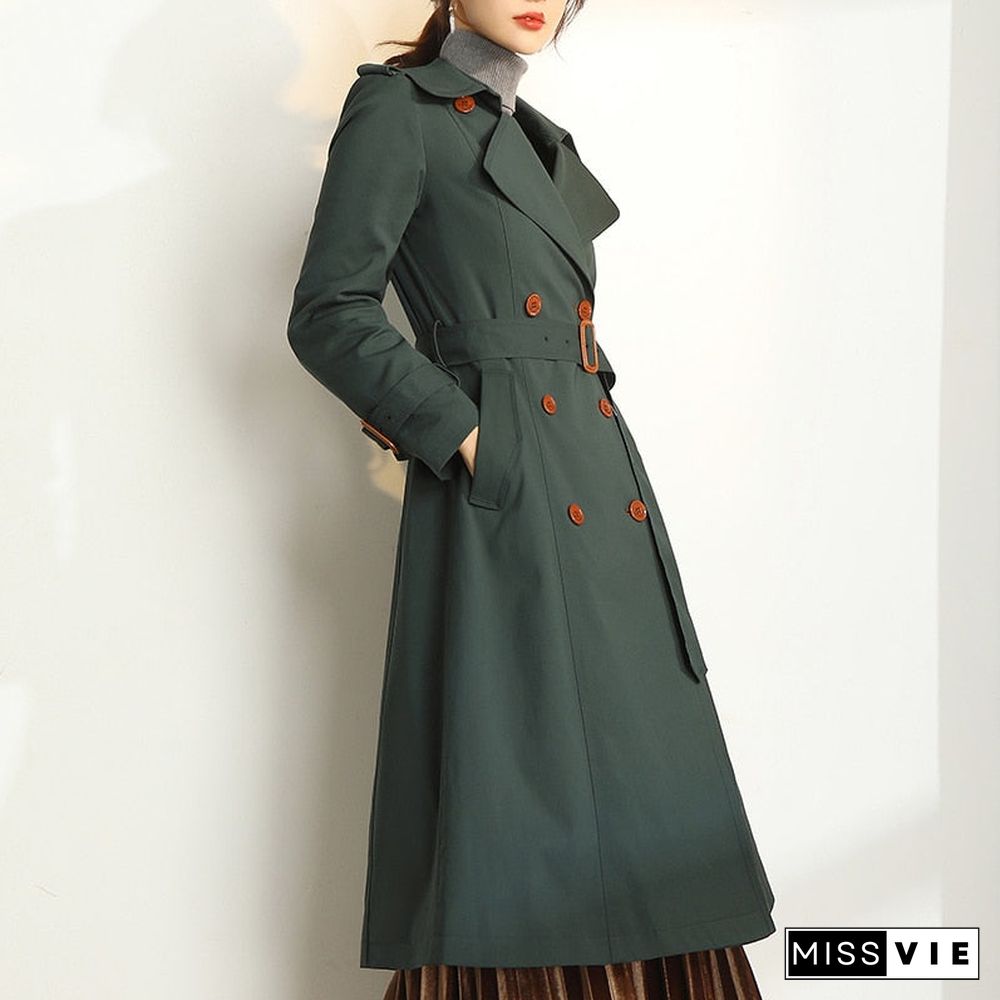 Dark Green Windbreaker Women's Long Spring and Autumn New British Style Temperament Drape High-end Coat Trench Coat for Women