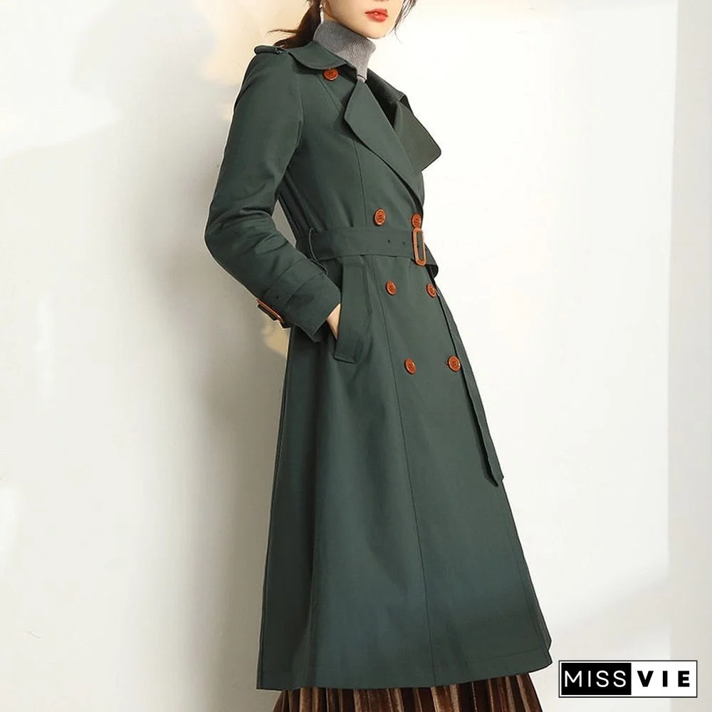 Dark Green Windbreaker Women'S Long Spring And Autumn New British Style Temperament Drape High-End Coat Trench Coat For Women