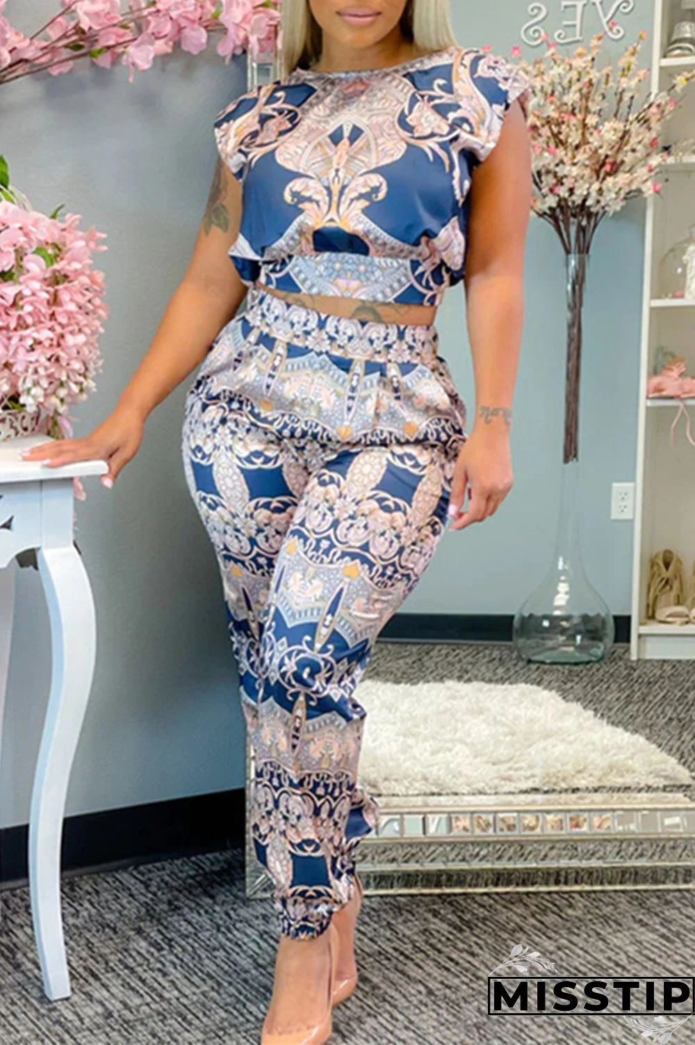 Light Blue Fashion Casual Print Basic O Neck Short Sleeve Two Pieces