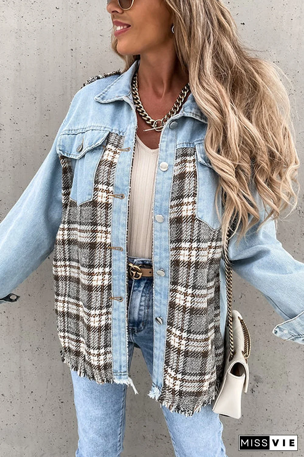 Checked Patchwork Pockets Denim Jacket