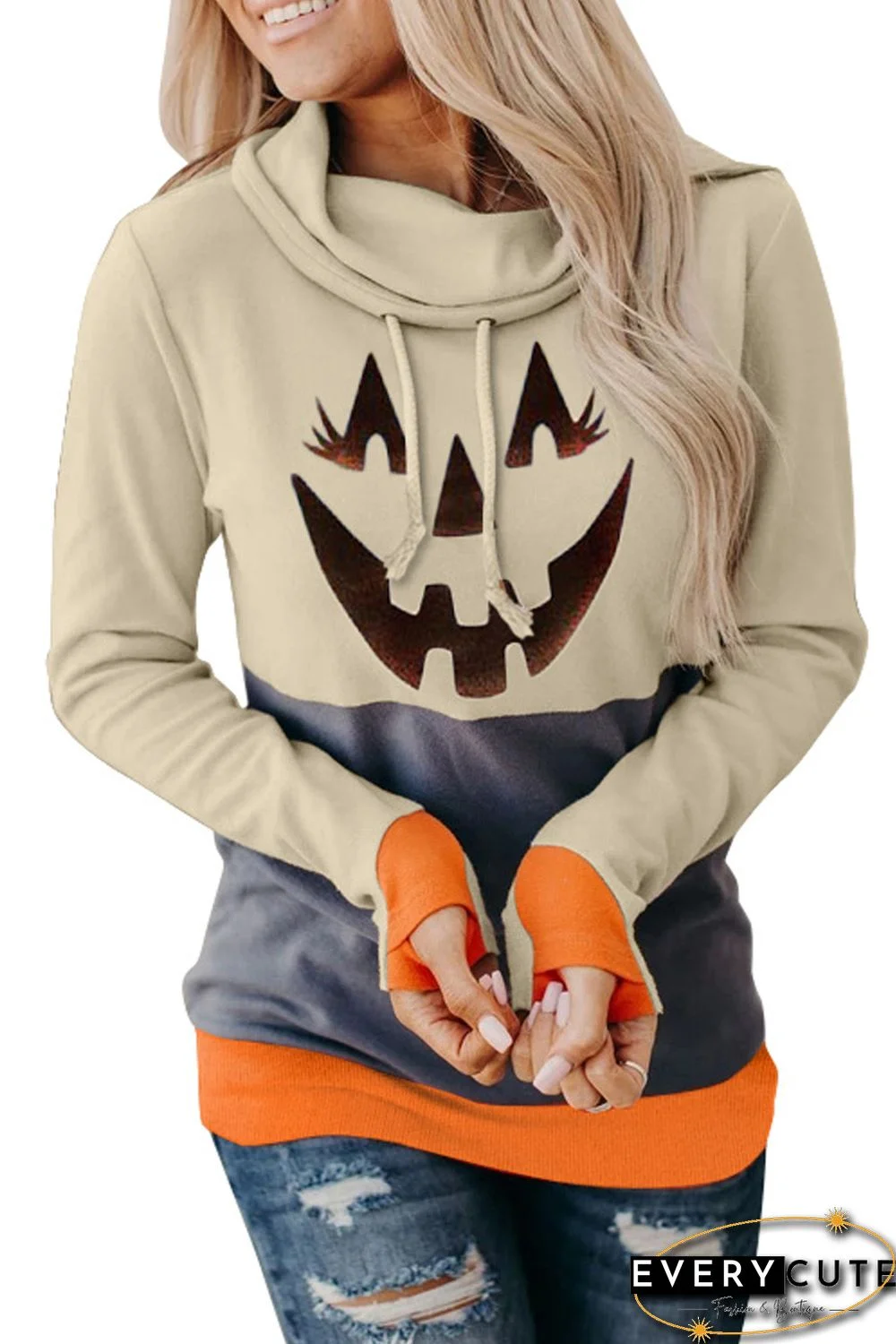 Gray Cowl Neck Pumpkin Print Color Block Halloween Sweatshirt