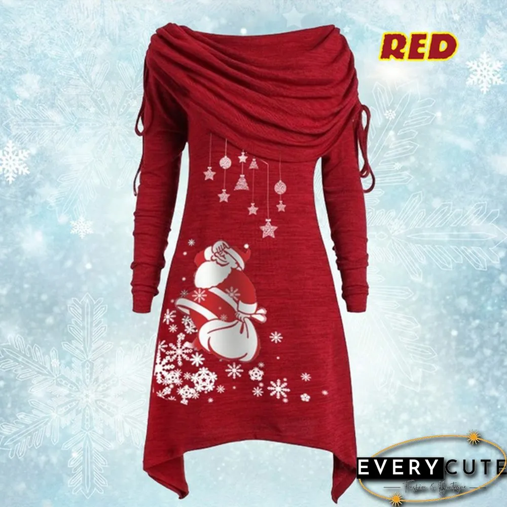 Womens Fashion Christmas Santa Claus Snowflake Print Ruched Foldover Collar Dress Cotton