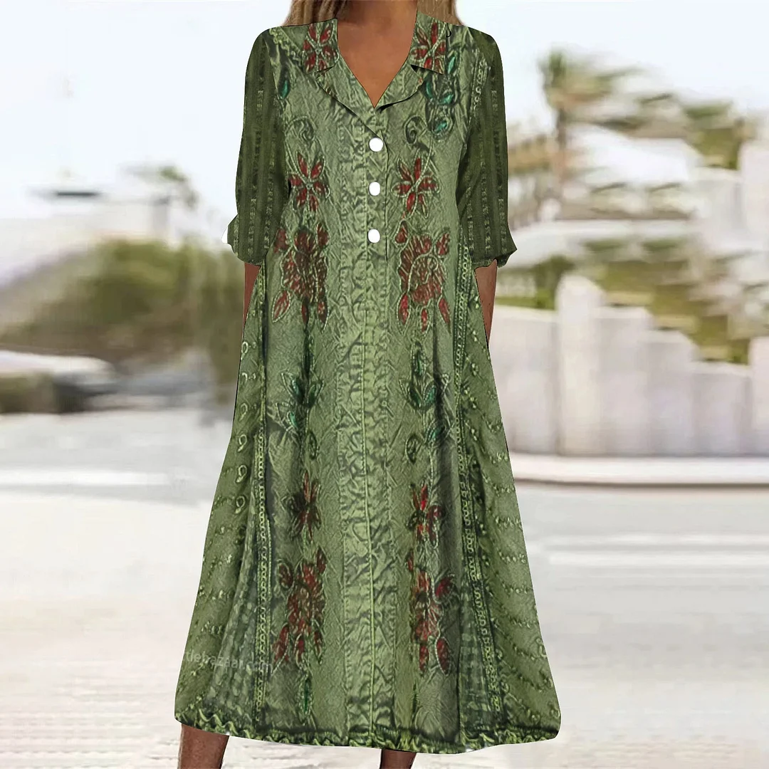 Women Casual Loose Dress with Pockets in Pattern Green, Floral