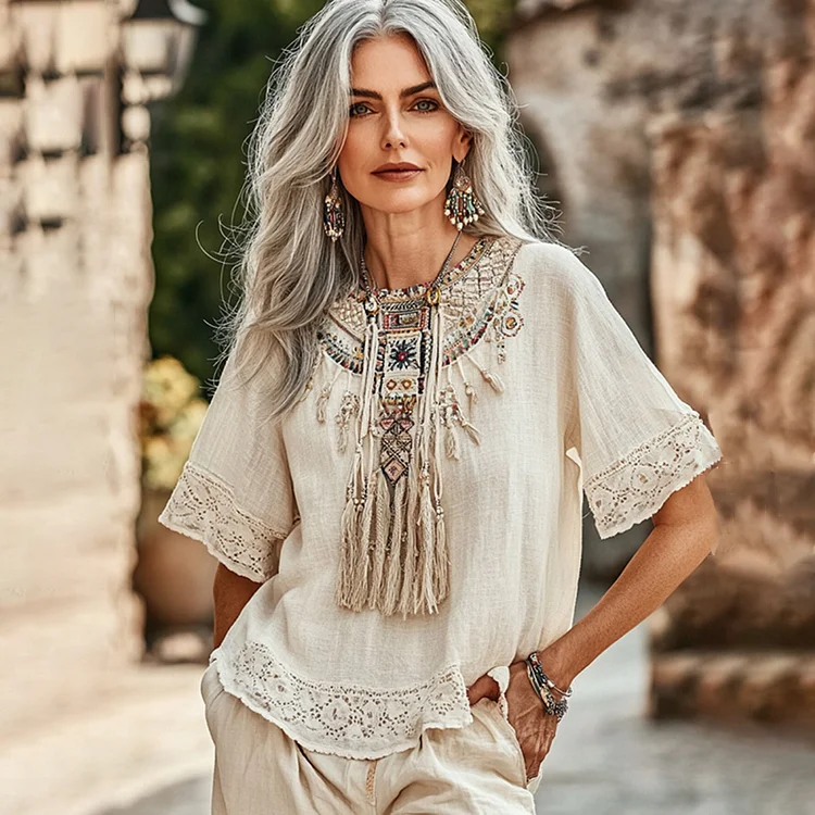 Vintage Vintahe Tribal Pattern Lace Art Casual Shirt