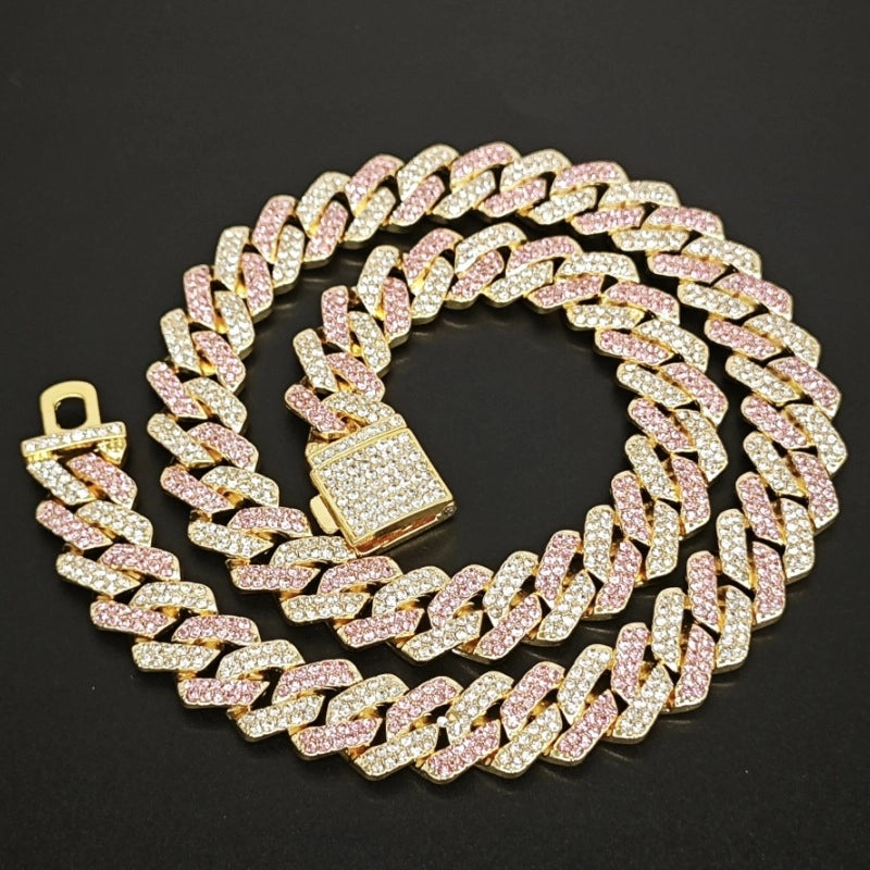 Qianshimei New 14mm Encryption Color Half Blue Half Pink Dragon Beard Buckle Flip Rhombus Cuban Chain Hip Hop Necklace