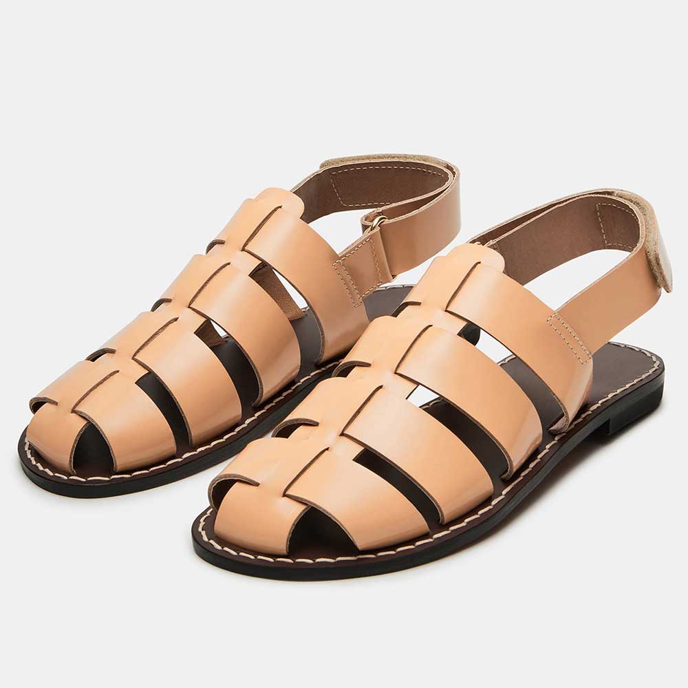 Women's Beige Vegan Leather Round Toe  Flat Cage Slingback Sandals Nicepairs