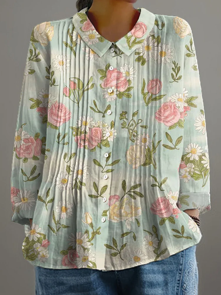 Women's Vintage Floral Art Print Casual Cotton And Linen Ruffle Shirt