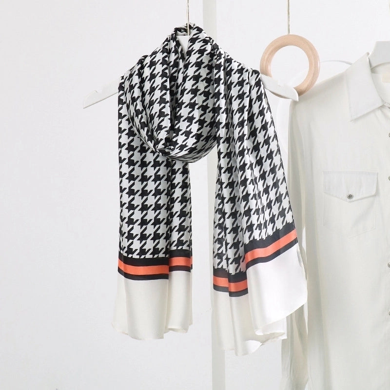 Women’s Fashion Letter Plaid Satin Printing Silk Scarves