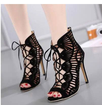 Aneikeh Summer Sandals Women Pumps Open-toed High Heels Fashion Hollowing Out Serpentine Pattern Belt 11cm Thin Party Shoe 35-40