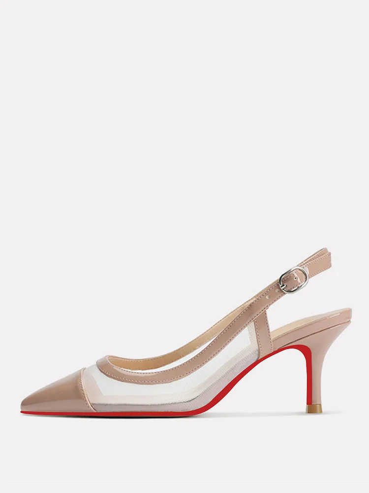 65mm Women's Pointed Toe Slingback Kitten Heel Red Bottom Pumps Muslin Comfortable Dress Patent  Shoes