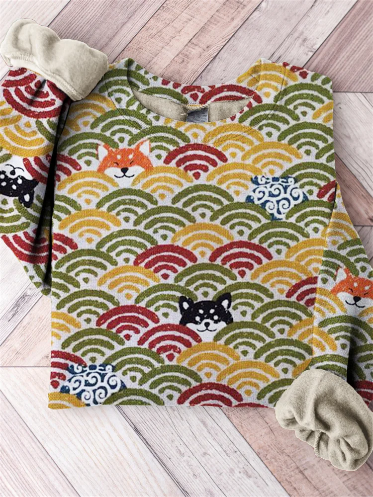 Shiba Inu Dogs Japanese Wave Pattern Comfy Sweatshirt