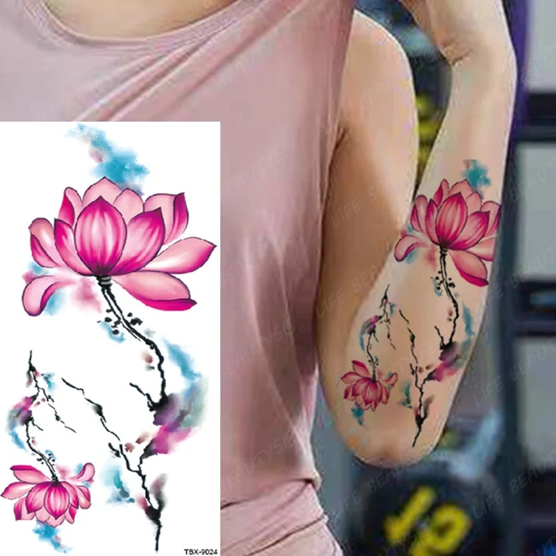 Sdrawing Temporary Flower Tattoos Women Fashion Beauty Rose Butterfly Flash 3D Fake Tattoo Arm Sleeve Pink Blue Sticker Girl