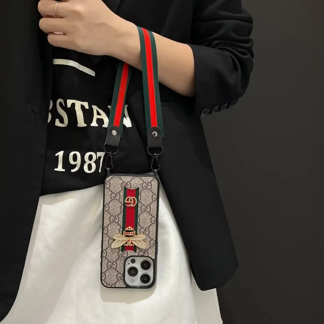 Gucci Ribbon Hand Rope 3D Bee Ophidia GG Apple iPhone16 ~11 Case Samsung Cover