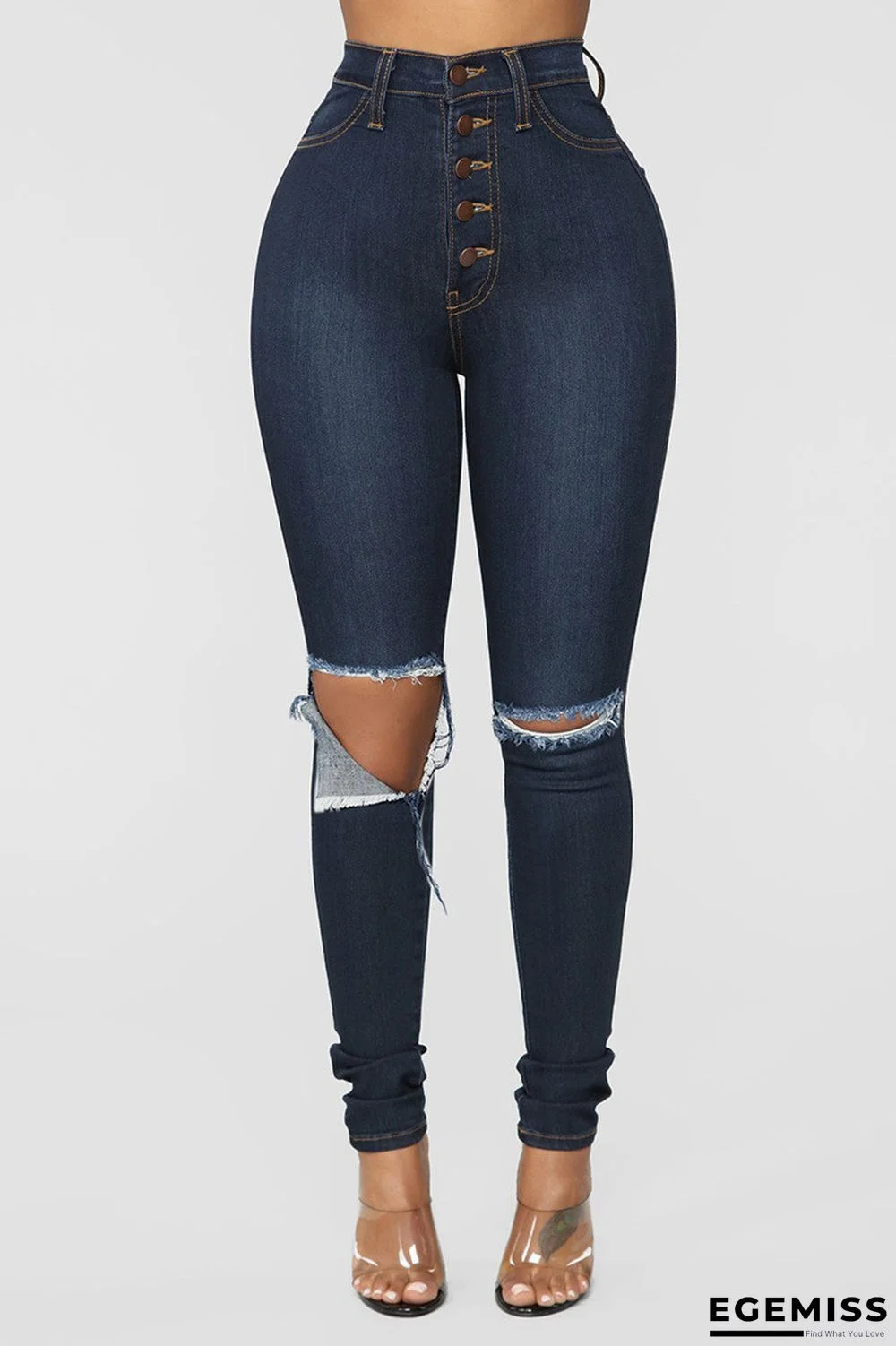 Dark Blue Fashion Casual Solid Buckle High Waist Skinny Jeans | EGEMISS