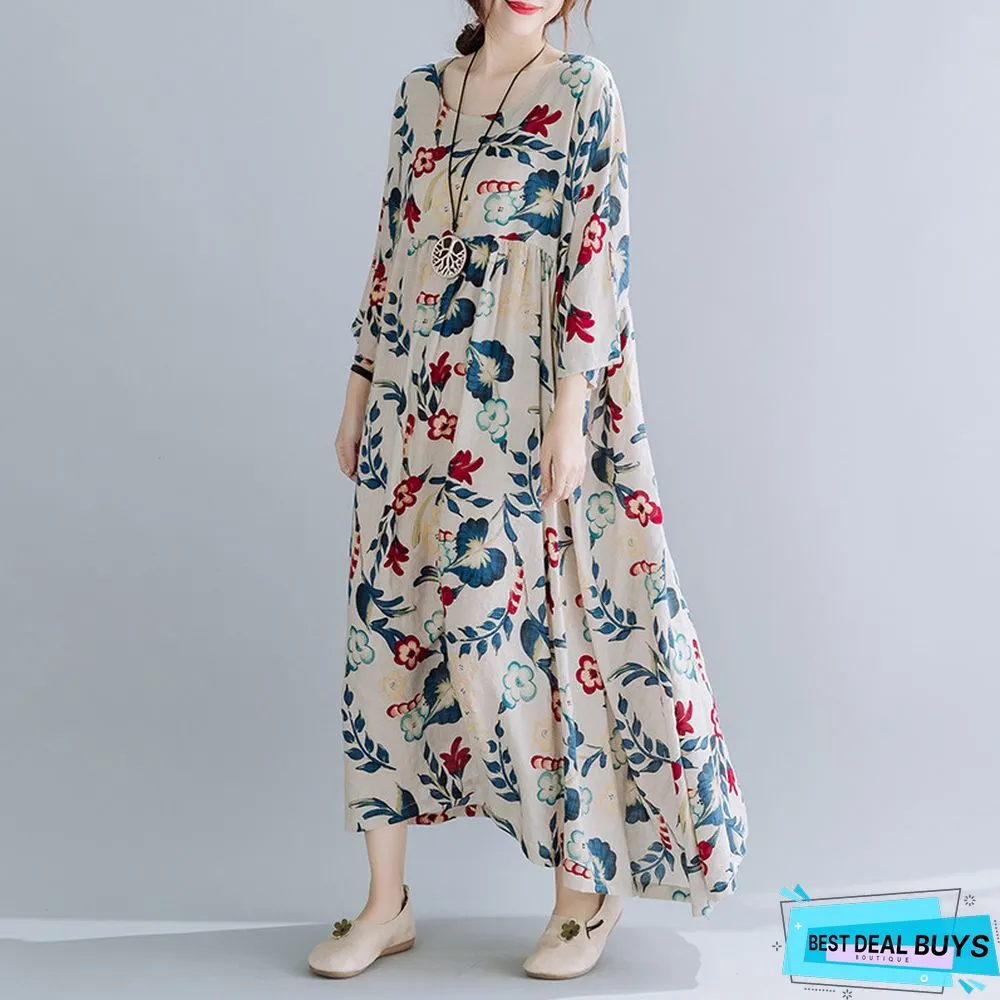Large Loose Stitched Cotton Linen Print Short Sleeve Dress