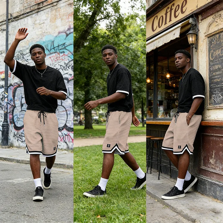 ☁️🩳 Pantaloncini sportivi morbidi in misto cotone &ndash; vita elastica con coulisse regolabile, tasche laterali e orlo a righe