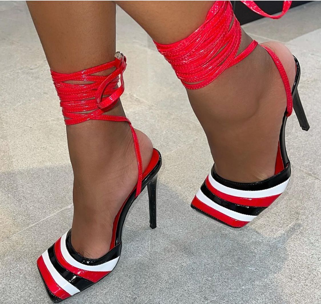 Women's sexy black red square closed toe ankle tie-up heels
