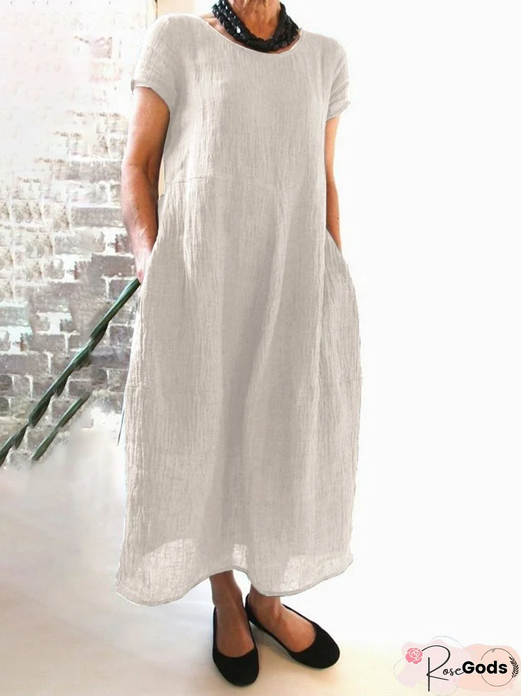 Women Linen Cotton Casual Solid Round Neck Women Dress