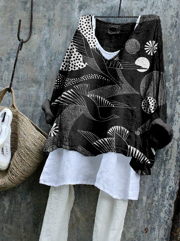 Comstylish Vintage Cranes Japanese Art Linen Blend Tunic