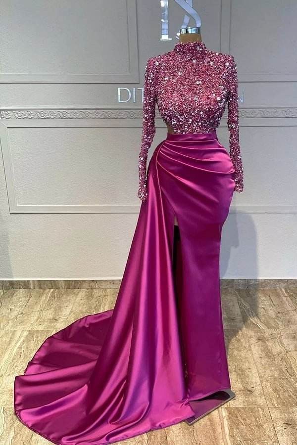 Daisda Sequins Long Sleeve Fuchsia Prom Dress with Split