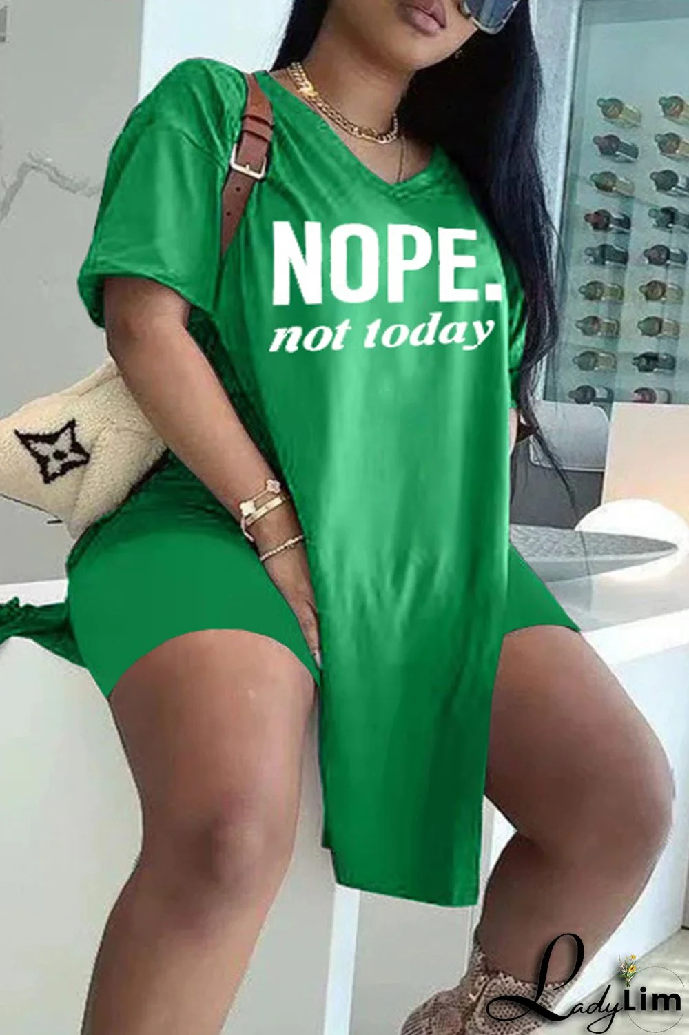 Blue Fashion Casual Letter Print Slit V Neck Plus Size Two Pieces