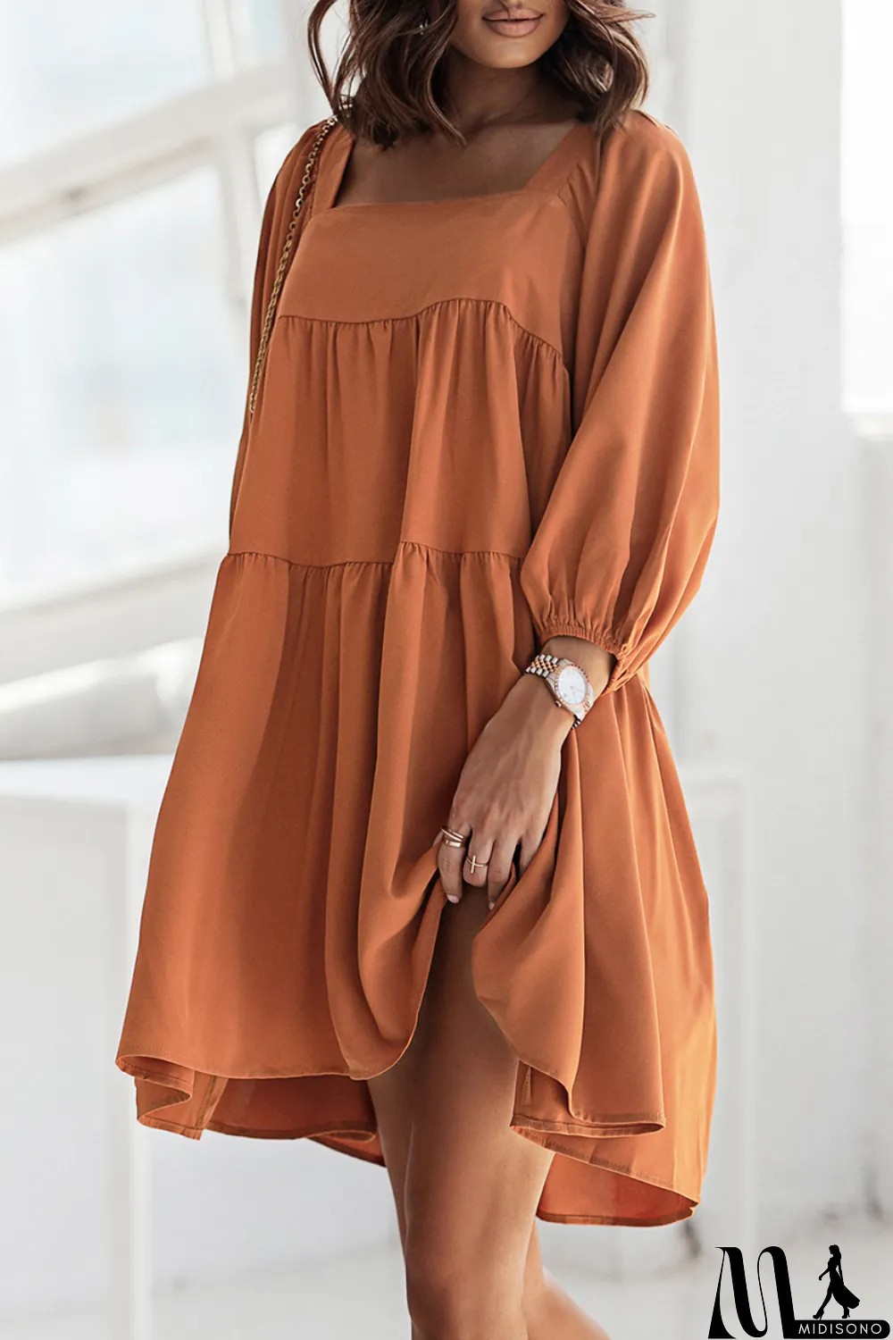 MidiSono - Brown Square Neck Half Sleeve High Low Mini Dress