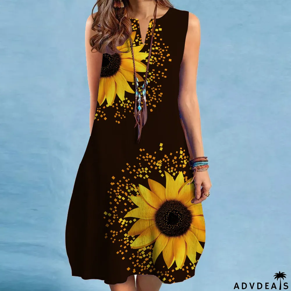 Fashion Vintage Print V Neck Multicolor Sexy Sleeveless Casual Dress