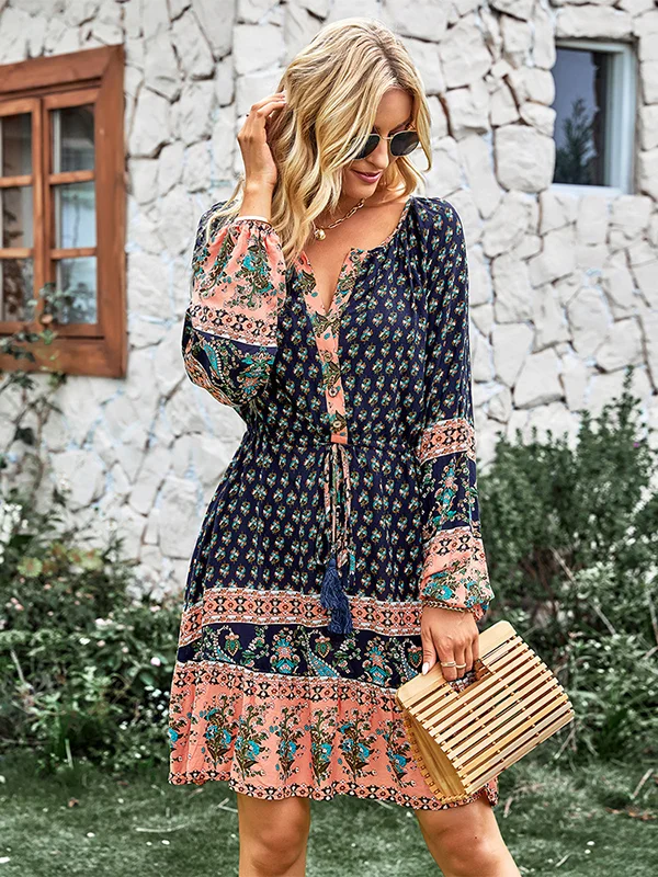 Bohemia A-Line Floral Printed V-Neck Dress