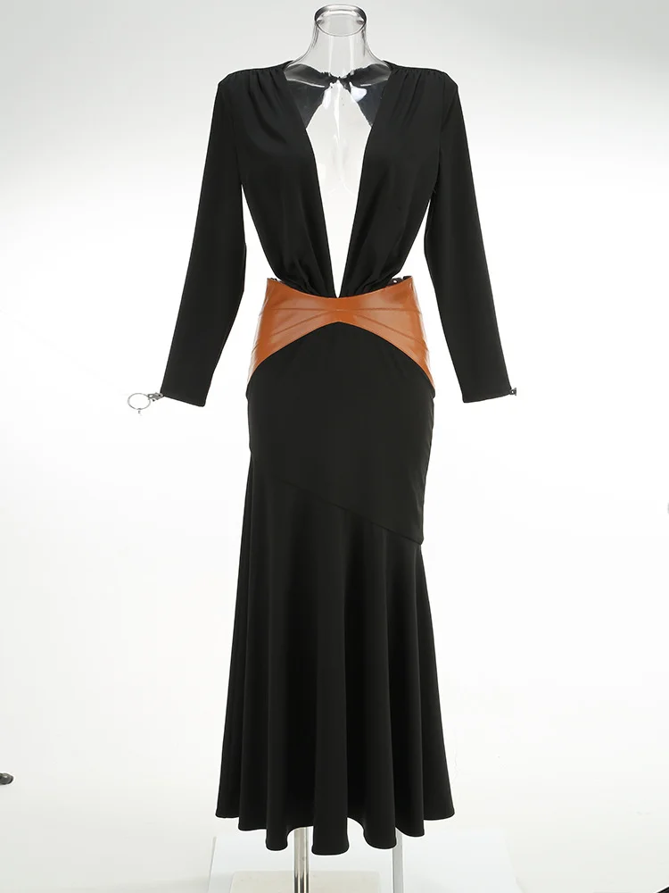 Brownm High-End Women's New Sexy Deep V Bareback Splicing Bag Long-Sleeved Dress High-End Temperament Dress