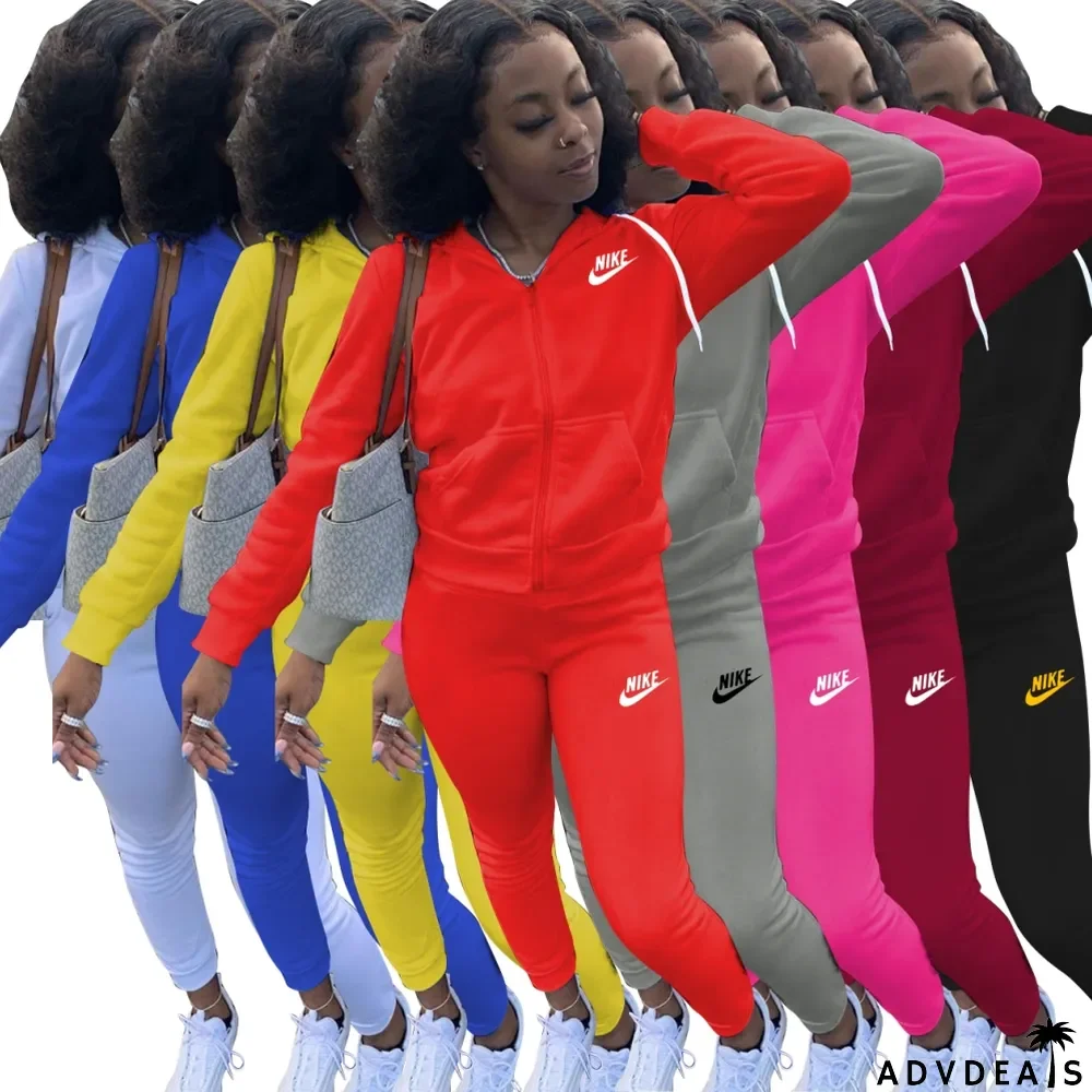 Autumn Print Long Sleeve Zip Up Hoodie Tracksuit